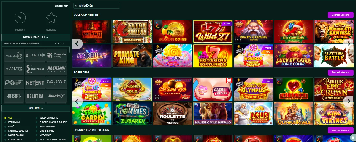 Nabídka automatů SpinBetter s výběrem od Pragmatic Play, NetEnt a dalších