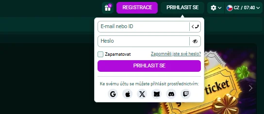 Přihlašovací formulář SpinBetter s poli pro e-mail a heslo