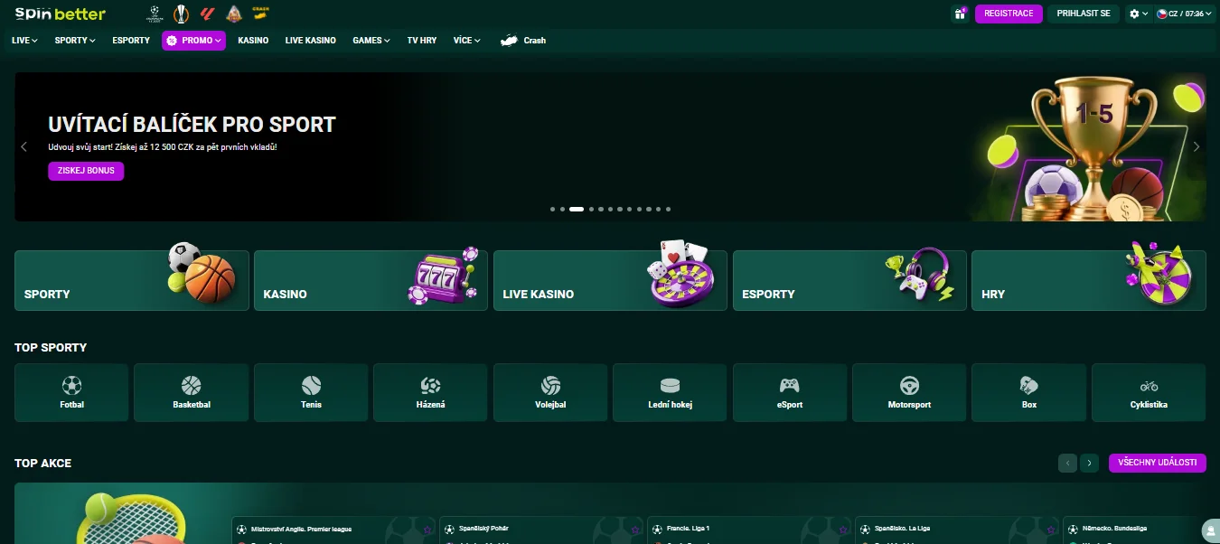 Hlavní stránka SpinBetter s přehledem sportů a kasinových sekcí