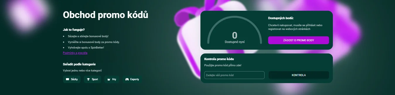 Obchod promo kódů SpinBetter s kategoriemi a polem pro zadání kódu