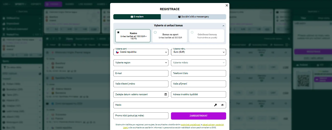 Registrační formulář SpinBetter s polem pro promo kód